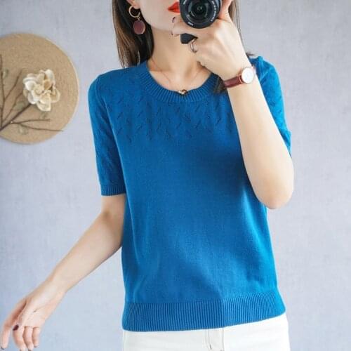 2021 summer new pure cotton T-shirt womens casual round neck sweater Korean style slim pullover solid color plus size top