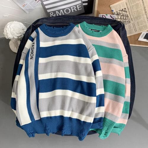 Mens New round Neck Winter Thick Style Loose Fashion Couples Hong Kong-Style Mens Stripes Sweater