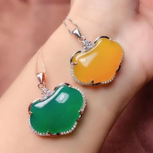 New yellow green chalcedony gemstone pendant of necklace women silver fine jewelry big size natural gem birthday gift sweater