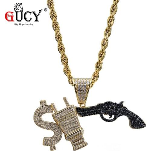 GUCY Dollar Sign Plug With Gun Iced Out Necklace Pendant Chain Charm Cubic Zircon Mens Hip hop Jewelry For Gift