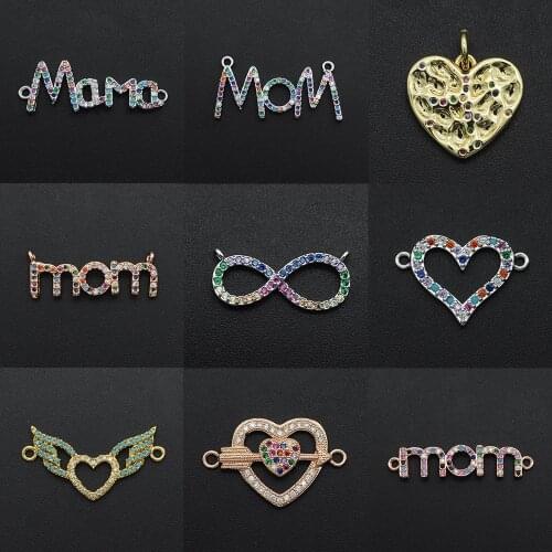 Gorgeous Diy Double Heart CZ Charms Wholesale Mom Necklace Pendant Cubic Zircon Angel Wings Connector For Jewelry Making