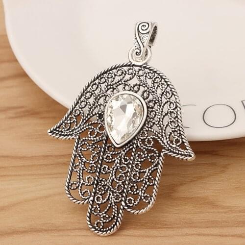 2 Pieces Tibetan Silver Large Hamsa Palm Fatima Hand Charms Pendants with Crystal Rhinestone for Necklace Jewellery Making