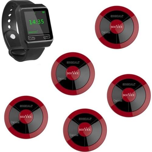 SINGCALL Serving System 5 Multi-Key Pagers Plus 1 Wrist Watch Receiver for Waiters, Call in Restaurant, Hotel, Cafe, Office