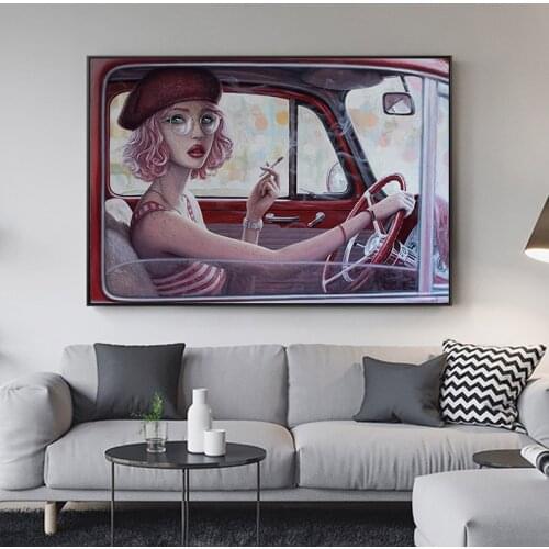 Modern Nordic Canvas Art Paintings Retro Beautiful Girl In Car Wall Posters Abstract Pictures For Living Room Bedroom Home Decor