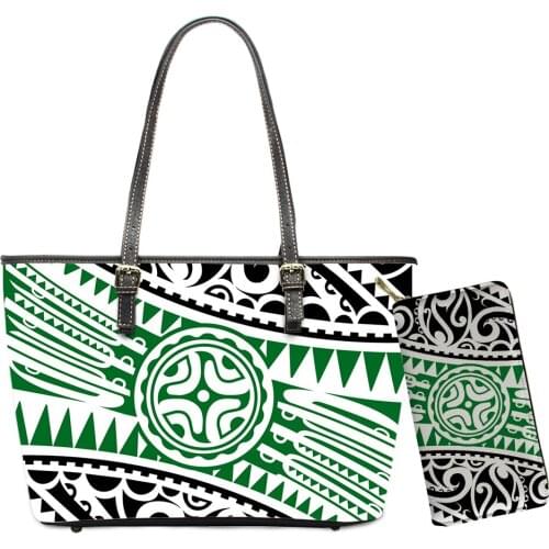 Brand Custom Womens Bag Wallet Set Polynesian Tribes Printing Large Shoulder Bags For Women Leather Luxury Design Handbag Purse