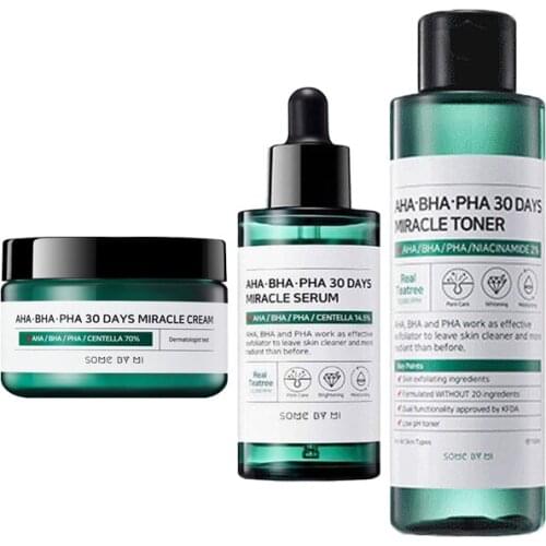 SOME BY MI AHA BHA PHA 30 Days Miracle Toner 150ml + Miracle Serum 50ml + Miracle Cream 50ml Blackheads Remove Acne Treatment