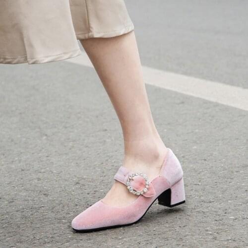 US4-11 Womens Velvet Pointed Toe Mary Janes High Block Chunky Heels Pumps Rhinestones Crystal Buckle Banquet Shoes Plus Size
