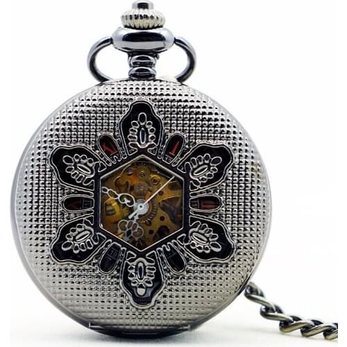 Vintage Luxury Black Metal Mechanical Pocket Watch Steampunk Watches Pin Chain Men Women Pendant Clock Gift With Gift