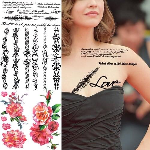Inspired Quotes Feather Temporary Tattoos For Women Adults Black Indian Totem Thorns Fake Tattoo Sticker Realistic Chest Tatoos