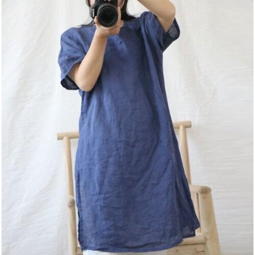 Johnature Loose Leisure Retro Plate Buckle O-neck Short Sleeve Long Slit Shirt 2021 Summer New Solid Color All-match Women Tops