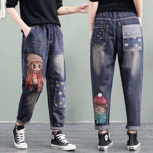 High Quality Women M-XL Retro Patch Embroidered Print Loose Jeans High Waist Cartoon Cute Oversize Harem Pants Cool
