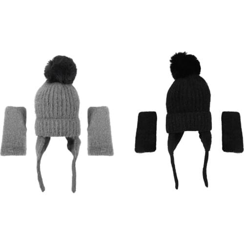 Women Winter Hats Glove Knitted Skull Cap with Pompom Cute Hats for Girls Ladies