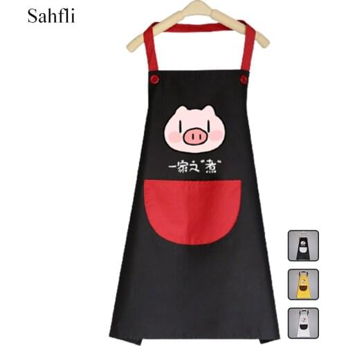Korean Fashion Cute Piggy Pattern Printing Ladies Household Kitchen Adult Sleeveless Apron with Large Pocket Halter Neck Design