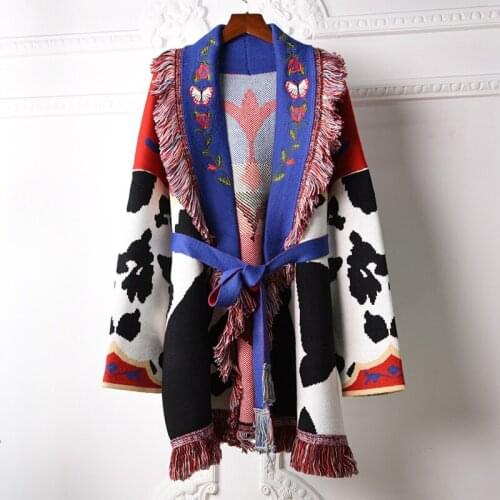 Spring Autumn fashion womens high quality Jacquard Cashmere cardigans Chic women loose embroidery tassels knitted coat C613