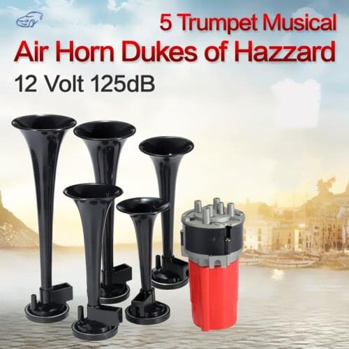 5pcs 125dB Durable Musical Car Duke of Hazzard + Compressor with 5 Black Dixie Trumpet 12V Air Horns Suitable for Cars