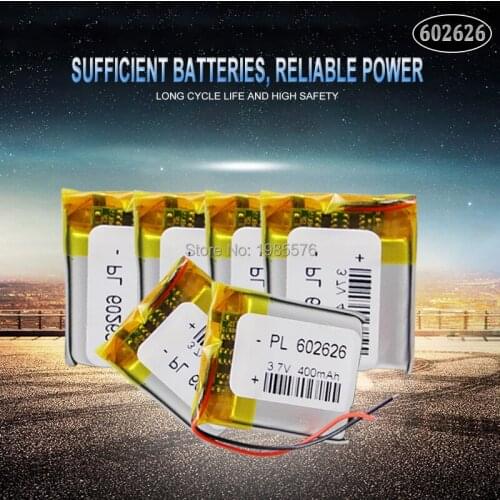 602626 3.7V 400mAh polymer lithium li ion Rechargeable Battery For LED light Tachograph Car DVR Bluetooth Earphone MP4 MP5