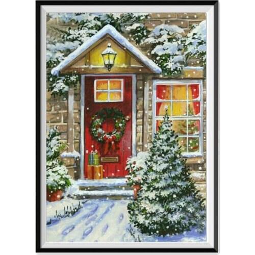 Diamond painting full diamond Christmas cottage house Christmas tree round diamond mosaic pattern home decoration DIY handmade