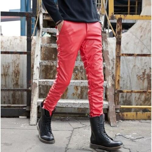 Slim personality fashion Plus velvet thicken motorcycle faux leather pants mens feet pants pu trousers for men pantalon homme
