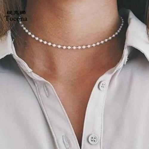 Tocona Luxury Pearl Stone Choker Necklace for Women Charming Clavicle Chain Alloy Metal Adjustable Jewelry Wholesale p-147