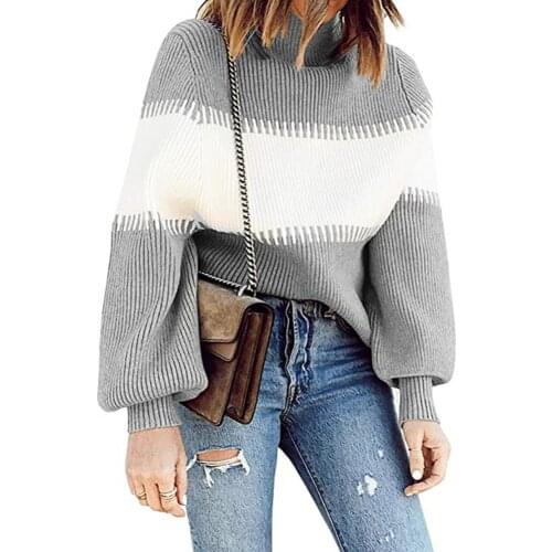 Ele-Choices Women Autumn Turtle Neck Long Puff Sleeve Color Block Pullover Sweater Knitwear