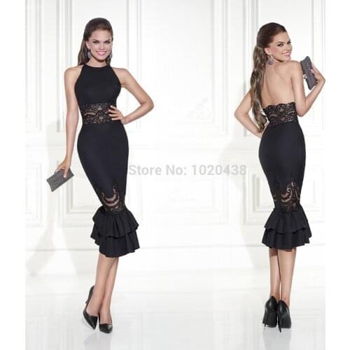 Elegant Black mermaid Lace Cocktail Dresses backless custom made high Neck Ankle Length Short Prom Gown Formal Party Dresses