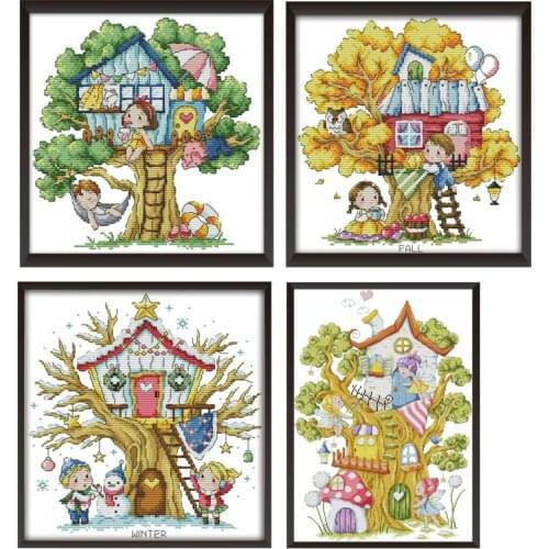 Seasons Tree House Count Cross Stitch Kits Patterns Print Canvas Needlework Sets 11CT 14CT Home Decorations Embroidery Paintings