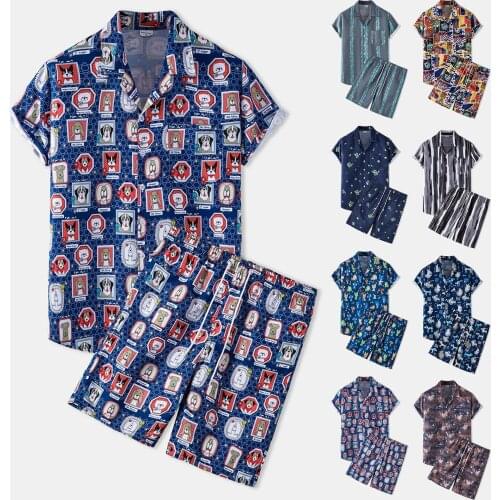 Summer Men Hawaiian Sets Printed Breathable Lapel Short Sleeve Shirtelastic Waist Beach Shorts Streetwear Casual Men Sets 2 Piec