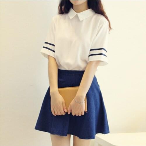 Beautiful Girl navy sailor suit school uniform set White shirt +Denim Blue skirt