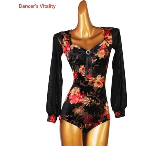 Latin Dance Body Suit Female Adult Child Long Sleeve Onesies Modern Dancewear Profession Custom V-Neck Performance Practice Top
