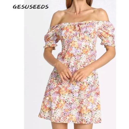 Summer dress 2021 casual short sleeve dresses korean a line dress floral print bohemian dress square neck mini dresses bow tie
