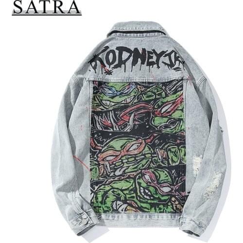 SATRA 2021 New Arrival Hip Hop Graffiti Jeans Jacket Streetwear Men, Mens Trend Punk Cowboy Ripped Distressed Denim Jacket coat