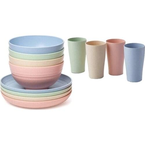 12pcs Wheat Straw Dinnerware Sets Reusable Lightweight Bowls Cups Japanese Bowl Set Plates Tableware Kitchen Cutlery Set