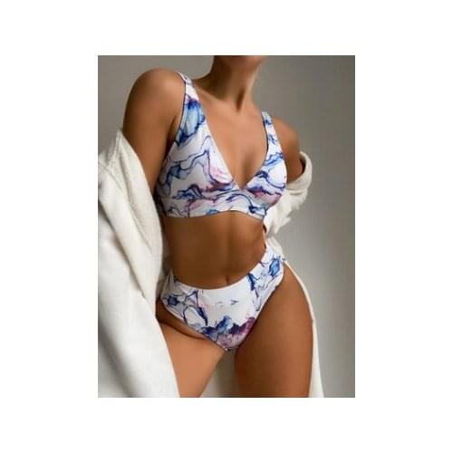 New Sexy Tie Dye Deep V High Waist Bikini Women Swimwear Two-pieces Bikini Set Suit Swim Two Pieces Print Cn(origin) Polyester