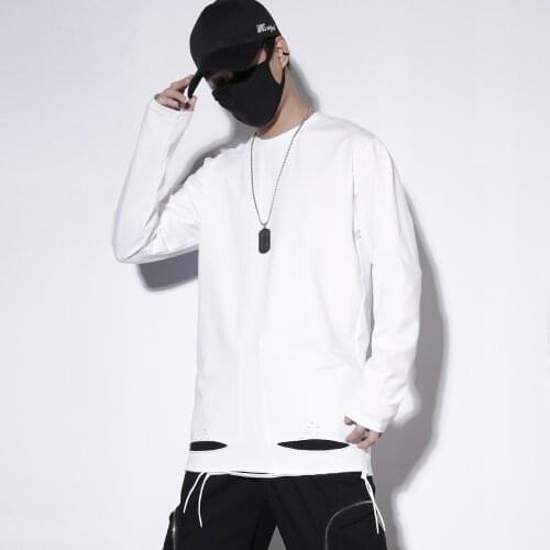 Fall loose fashion long-sleeved t-shirt men and Women Ins port wind hole brand hip-hop casual casual casual solid-color undershi