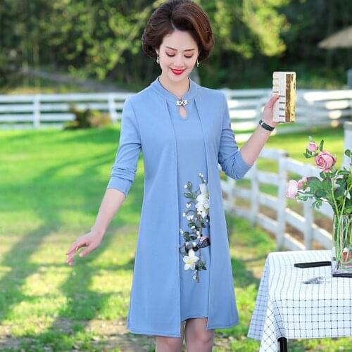 Cheongsam Dress Fake two Spring Autumn High-end Elegant Dress Middle-aged Womens Embroidered Dress Set Plus Size 5XL
