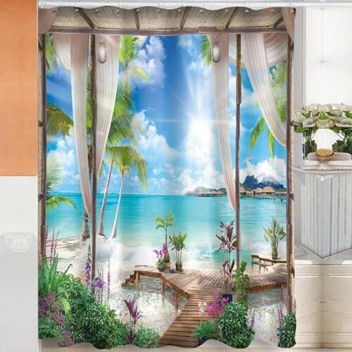 594C Beach Palm Waterproof Landscape Shower Curtain Ocean Scenery Bath Curtain Bathroom Decoration