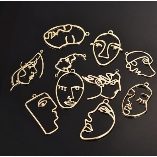 10pcs/lot Art Abstract Human Face Hollow Charms Pendant Gold Alloy for DIY Jewelry Findings Necklaces Earrings Accessories