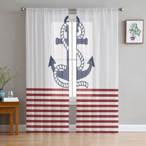 Anchor Red Stripes Sheer Curtains for Living Room Modern Voile Curtain Bedroom Tulle Curtains Window Drapes Decor