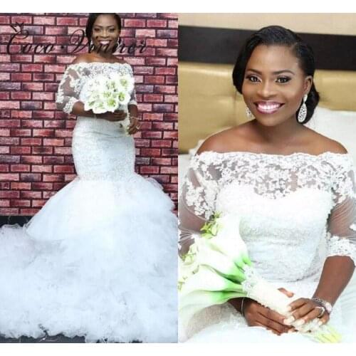 Short Sleeves Lace Appliques Tassel Train Mermaid Wedding Dress pure White Color Train Plus size Wedding Gowns W0602