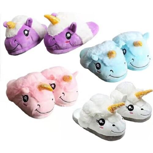 Unicorn Slippers Cartoon 3D Cotton Slippers Women Men Indoor Winter Warm Slippers Cute Animal Plush Flat Non-slip House Shoes