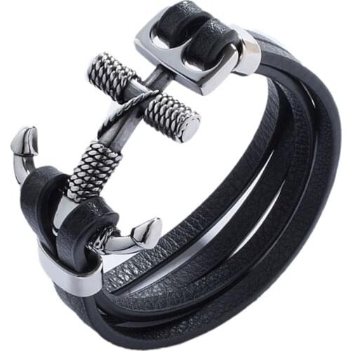 Vintage Leather Bracelet Stainless Steel Cross Anchor Toggle-Clasps Black Men Bracelets Fashion Male Wrist Band Jewelry Gifts