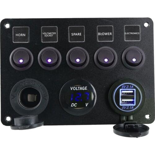 Waterproof 5 Gang Marine Boat Rocker Switch Panel 4.2A Dual USB Slot Socket + Digital Voltage Display + Cigarette Light 12V Outl