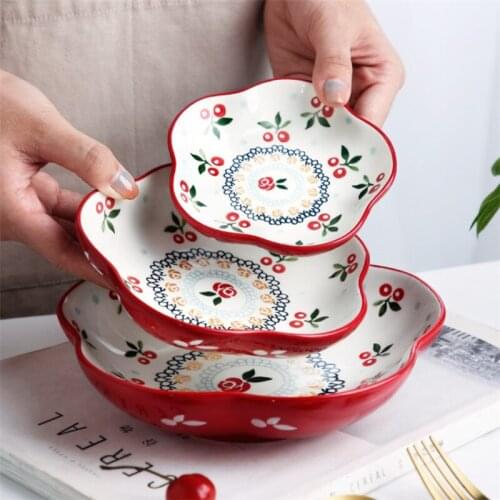 Japanese Ceramic Hand Painted Cherry Dinner Baking Plate Porcelain Fruit Snack Dishes Salad Dessert Plate Cake Tray Tableware