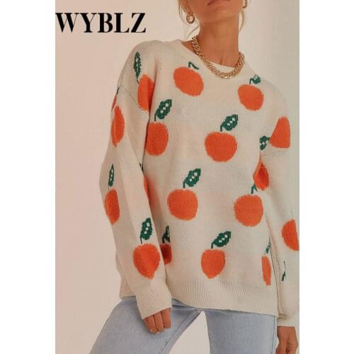 WYBLZ 2021 Autumn Winter Pullover Sweaters Women Long Sleeve O Neck Sweater Apple Pattern Sweet Girl Knitted Jumpers Sweater New