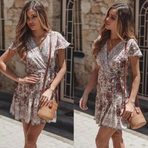 Artfeel Summer New Boho Holiday Style Dress Women Mini Dress Streetwear Girl Beige Vinage Beach Dress Lady Braces dress
