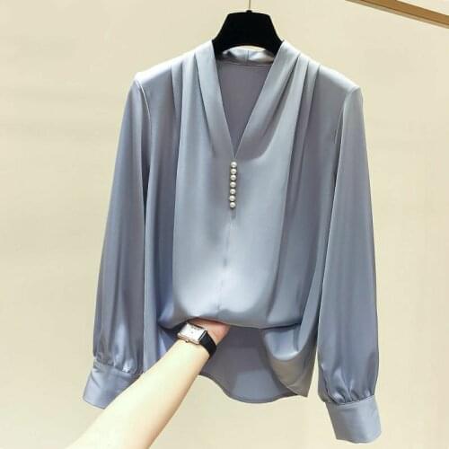 Womens Spring Autumn Style Chiffon Blouses Shirt Womens Rivet Beads Long Sleeve Solid Color Korean Elegant Tops DD9057