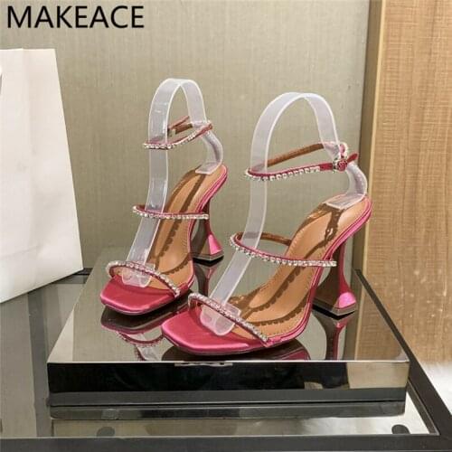 Summer Rose Red Women Sandals Straps Crystal High Heels Wedding Dress Shoes Woman Satin Gladiator Sandal Women Pumps 2021
