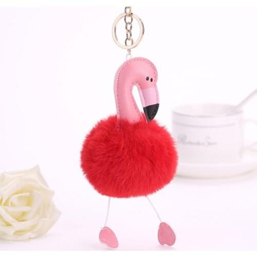 Flamingo fur ball keychain lady fur bag pendant leather keychain pendant keychain Bag pendant with accessories