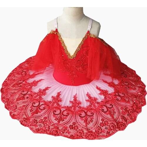 2021 New Children Tutu Ballet Platter Red Soft Velvet Fabrics Skirts Lace Sequins Swan Lake Show Belly Dance Performance Costume