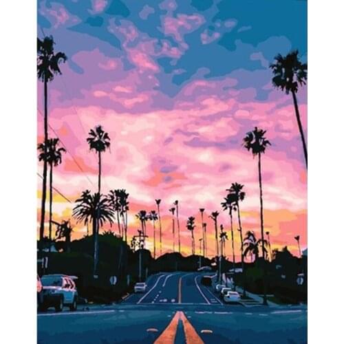 Sunset Coconut Street Scenery Painting By Numbers Hand Painted Oil Painting Adult Child Picture Colouring Home Decor Unique Gift